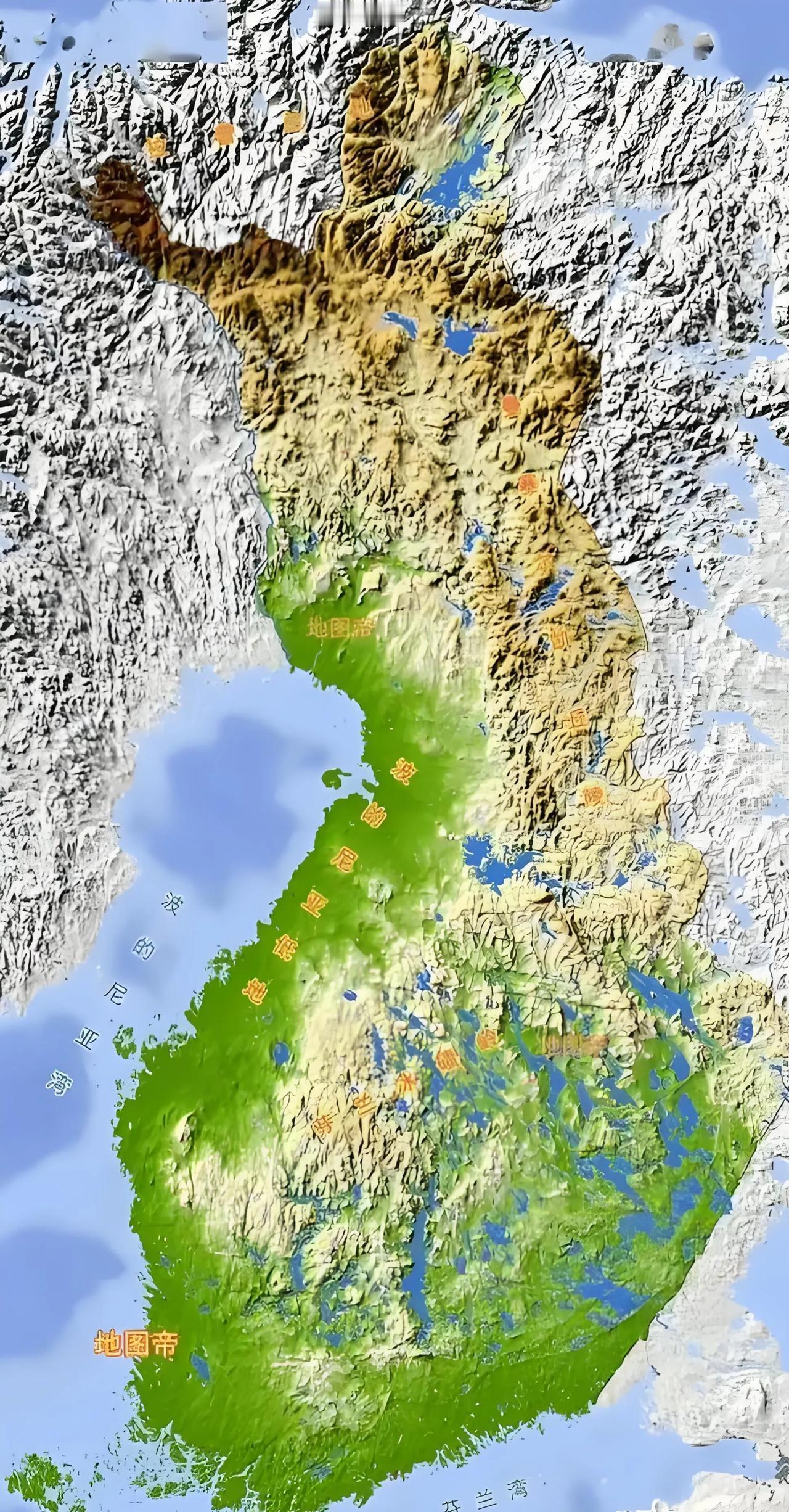 芬兰的地形以平原和丘陵为主，地势北高南低‌，南北方向较长，东西方向相对狭窄，中间