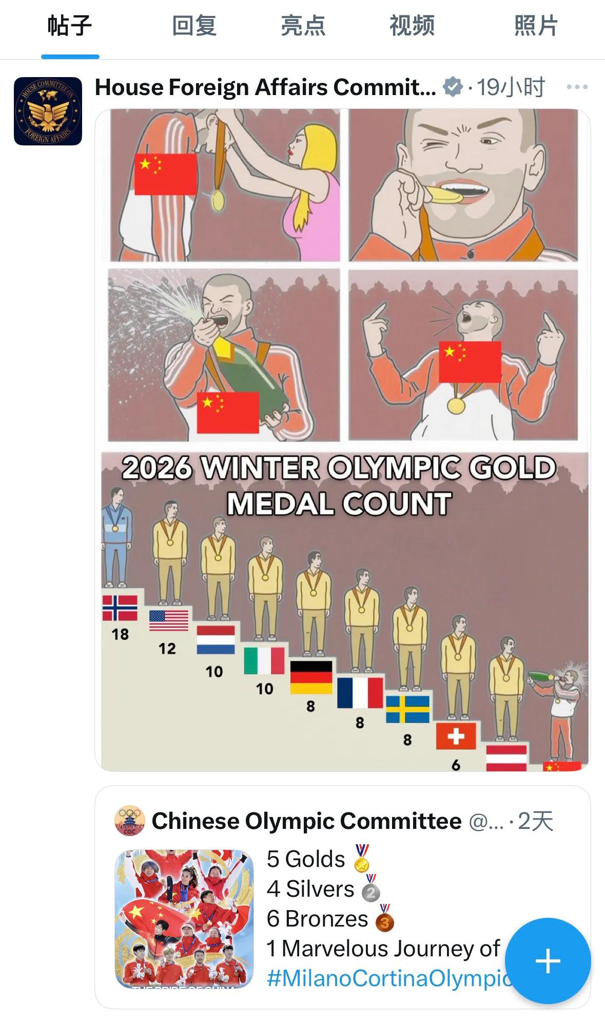 美国众议院外交事务委员会公开发文，配梗图嘲讽中国奥委会，后者早前发布了庆祝中国