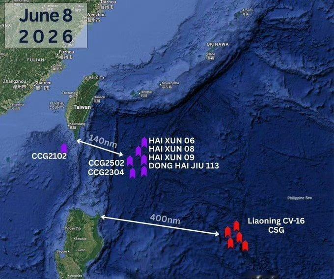 台湾外事部门负责人发图，标注6月8日在台岛周边大陆海事、海警船位置，以及辽宁舰编