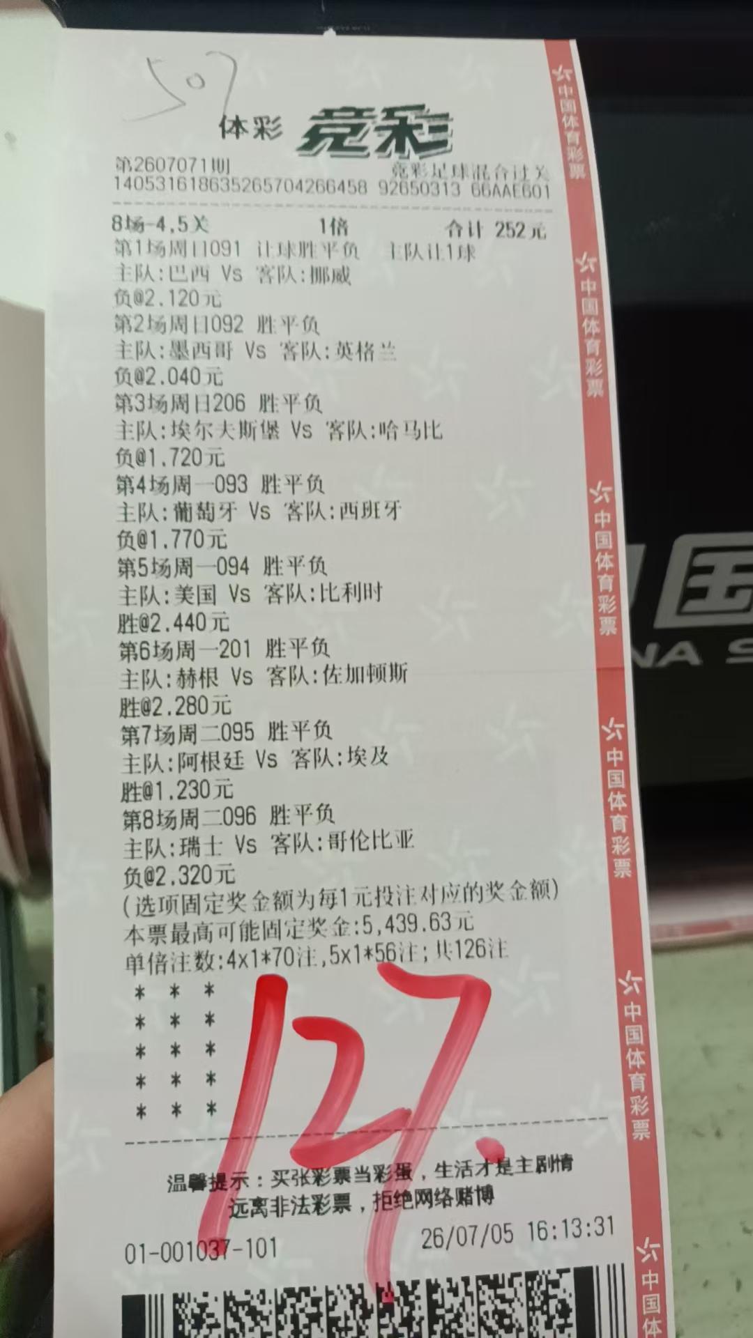7月8日大乐透实票晒出哎，16强赛开了个好头，最后几场没稳住，亏麻了，8中5[