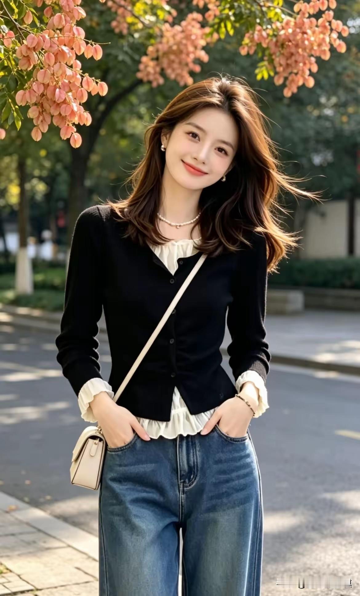 这位小姐姐在阳光明媚的公园里拍照。