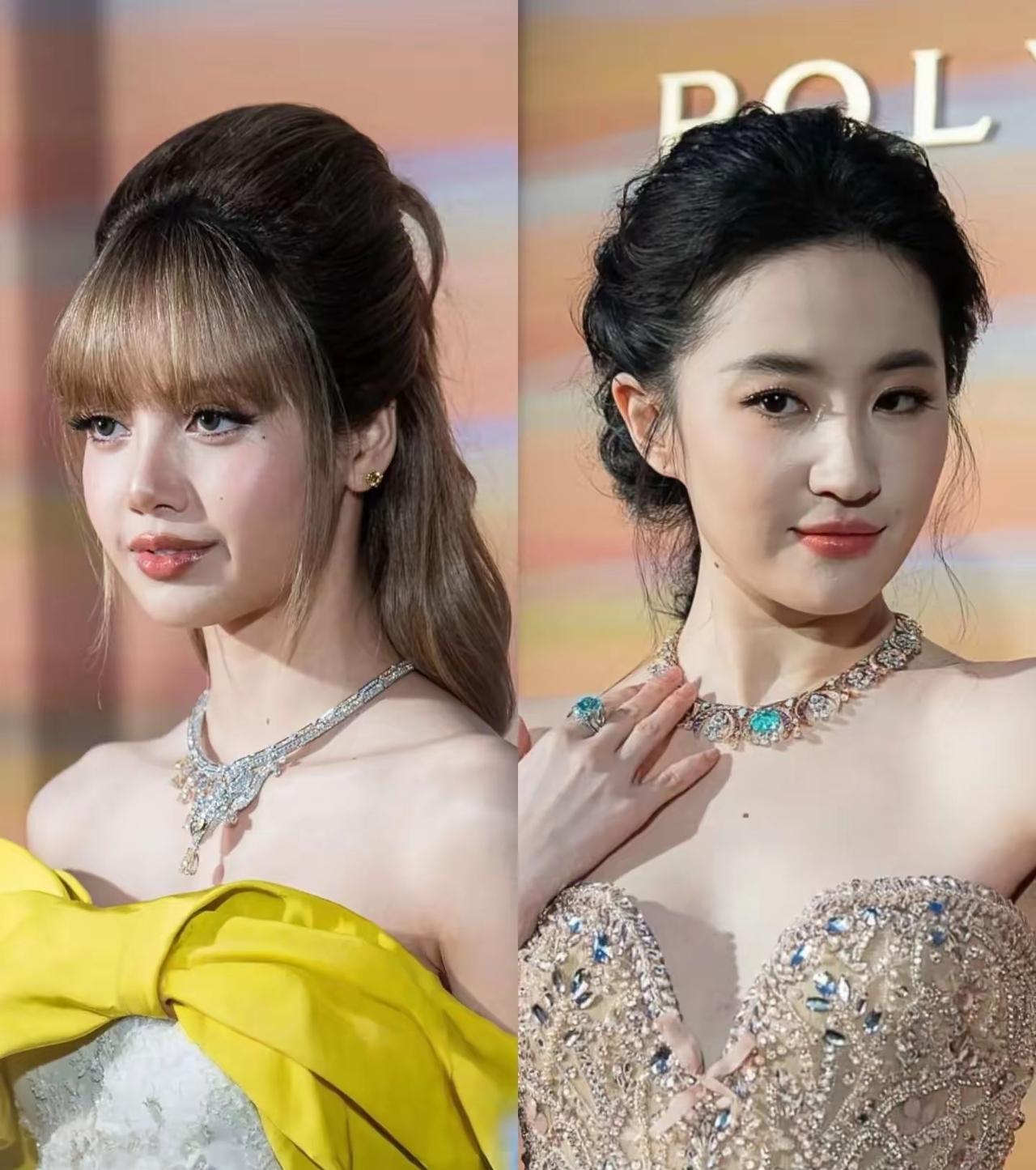 宝格丽的两位代言人，果然是没有对比，就没有伤害……Lisa穿着抹胸裙，扎着高马
