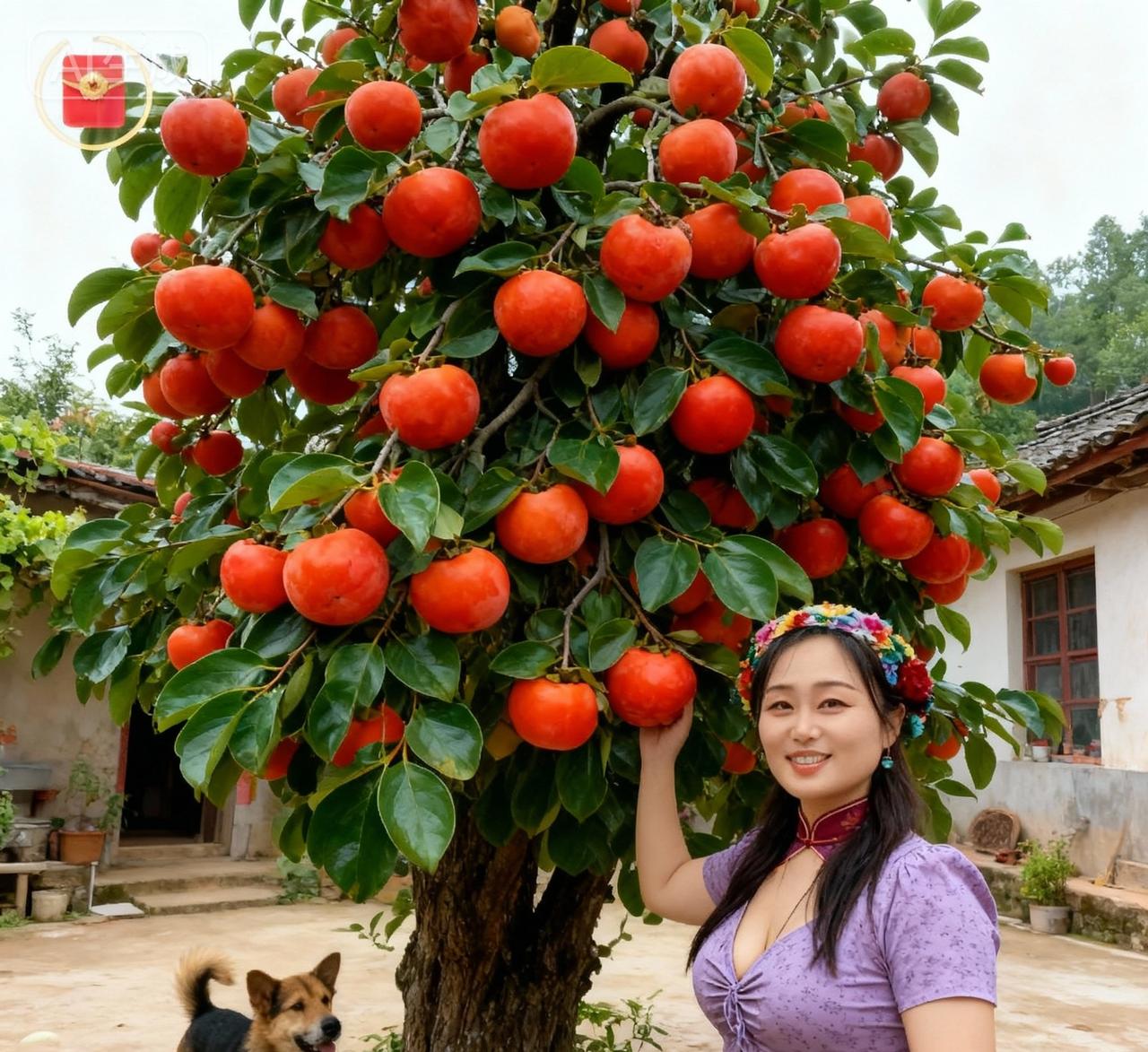 丰收季节，红彤彤的柿子挂满枝头，笑容满面的姑娘与狗狗相伴，享受着大自然的馈赠。
