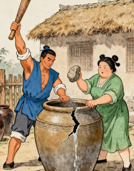 从前，有一对夫妻经常为一些小事吵架。一次妻子做好饭，去酒缸里舀酒准备给丈夫助兴。