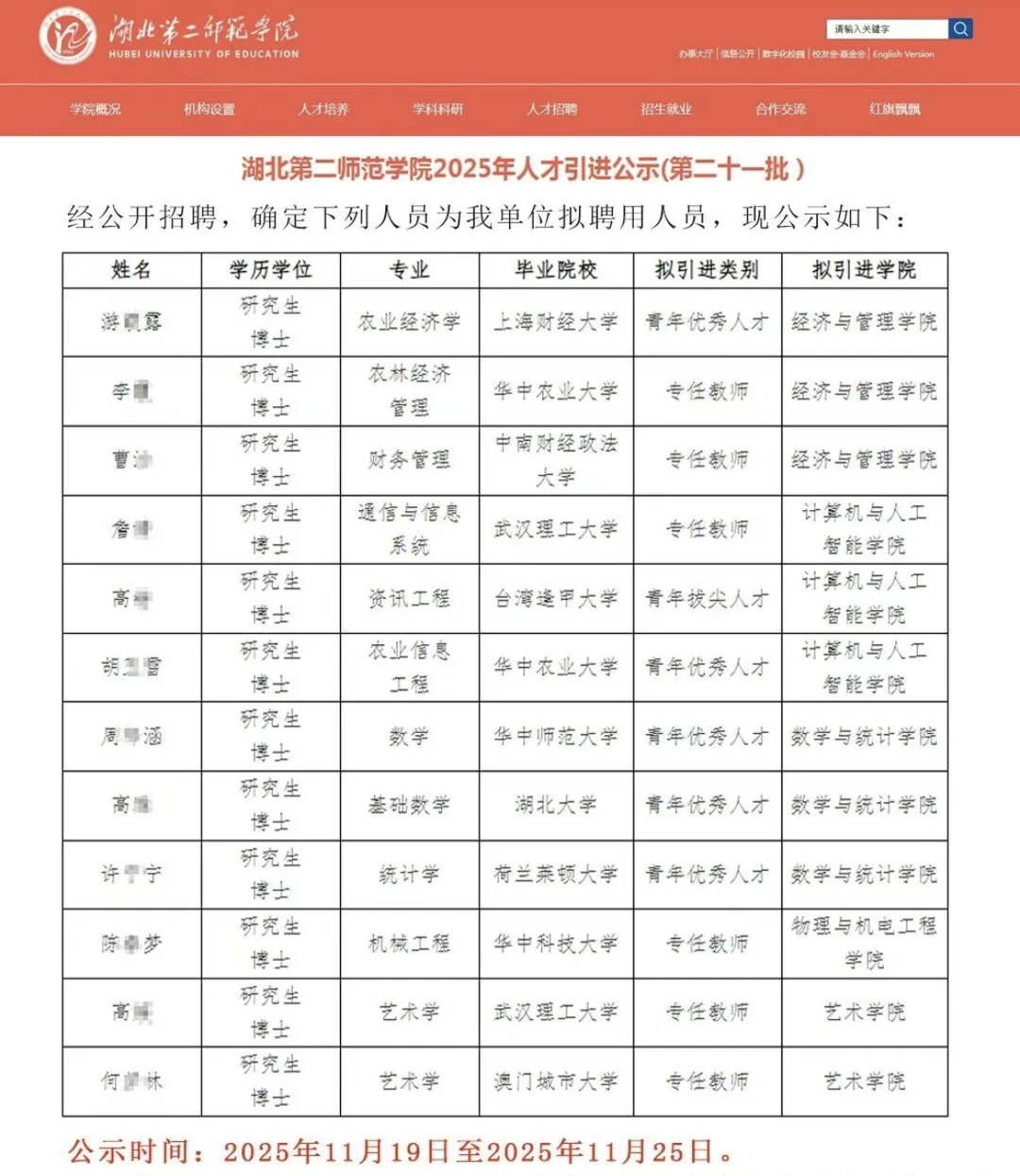 湖北第二师范学院2025年人才引进公示