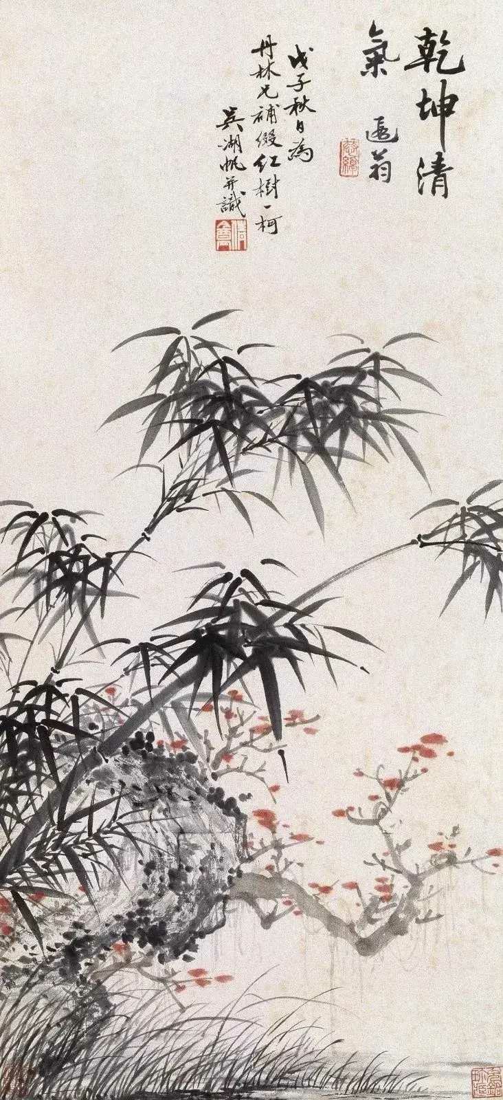 吴湖帆写竹，特别讲究色彩的搭配。他巧妙地运用墨色的深浅变化，让竹子既有层次感，又