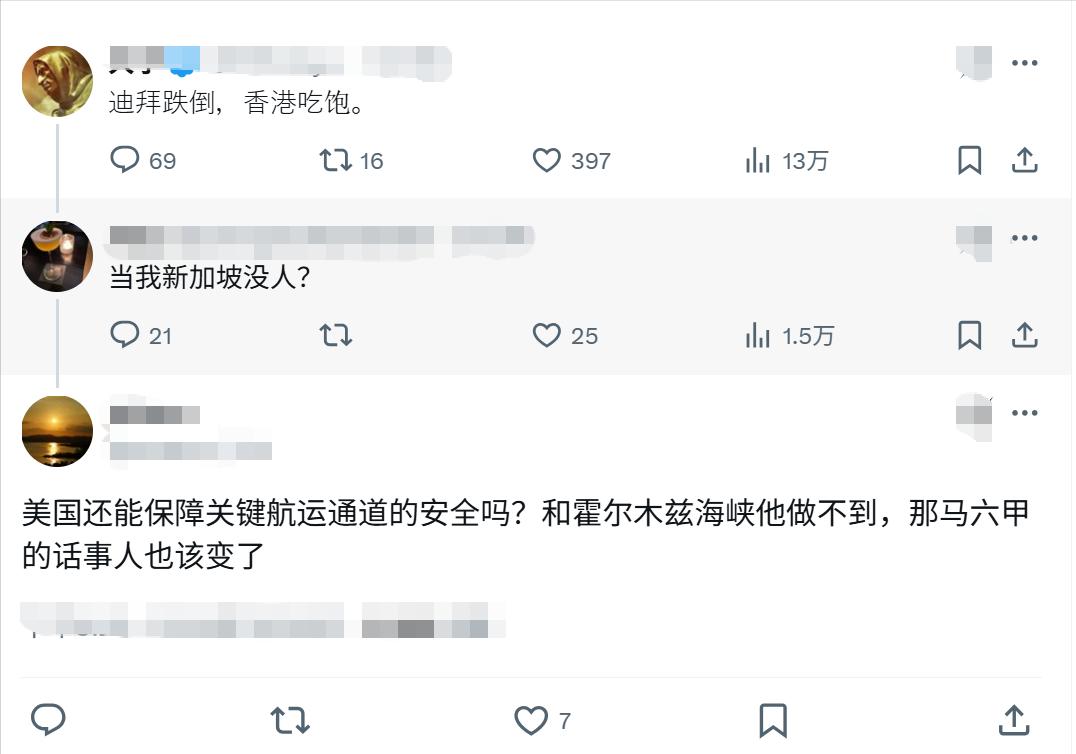 迪拜跌倒，香港吃饱。新加坡网友说“当我新加坡没人？”网友回复：霍尔木兹海峡保