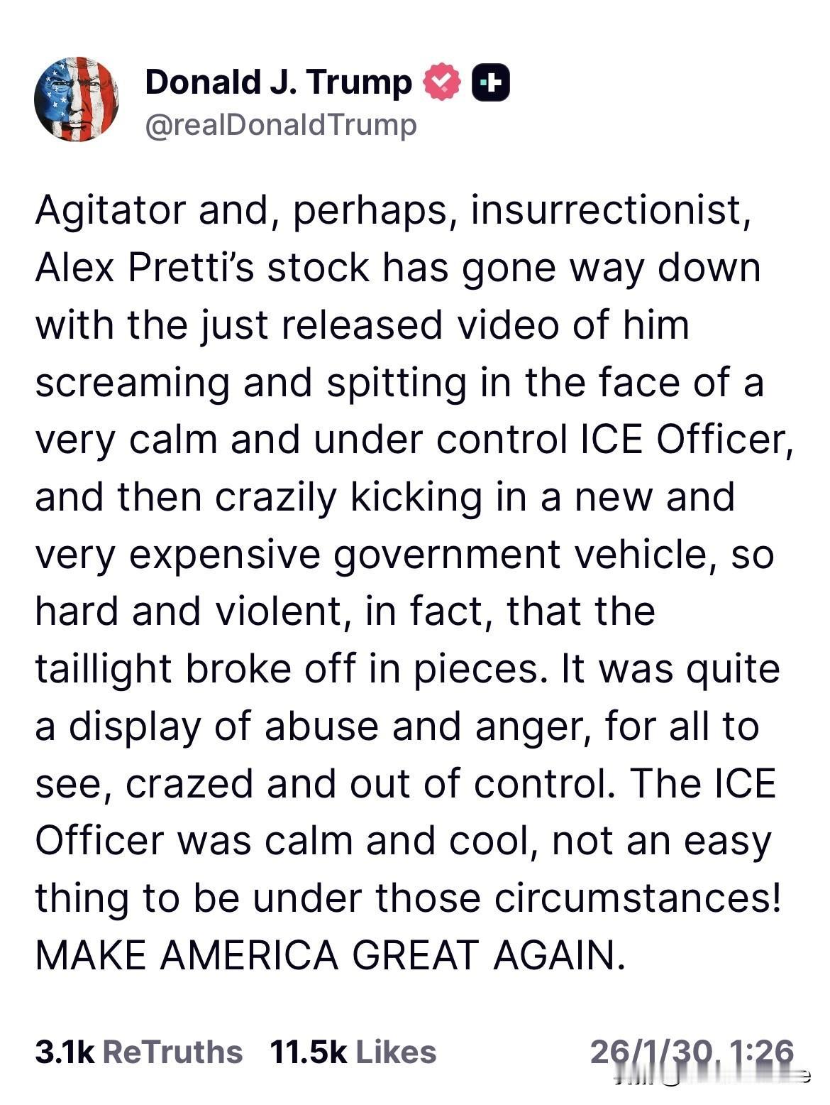 CNN记者柯林斯最新发文：特朗普总统称不到一周前被联邦特工击毙的亚历克斯·普雷蒂