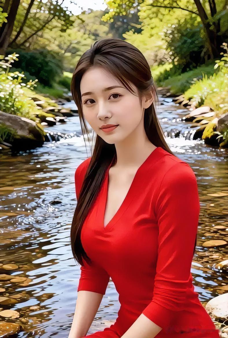 溪水潺潺绕身侧，红衣如焰映碧波，自然灵气与明艳色彩交融，定格成一帧生动的山水画卷