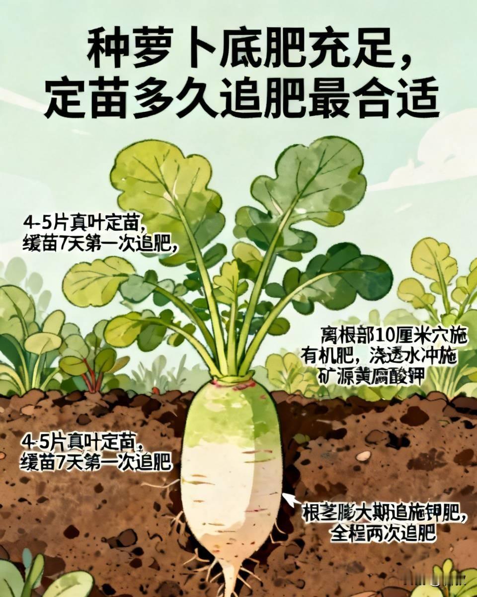 种萝卜底肥充足，定苗多久追肥最合适很多菜友问，地里已经铺好底肥，萝卜完成定苗后