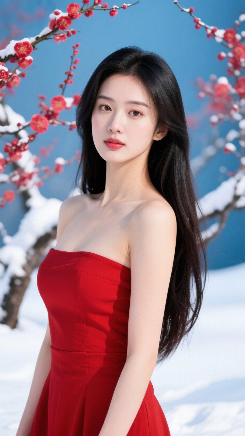 《雪梅间的红衣暖》雪裹着梅枝，胭脂色的花簇从白绒里探出来，像冬光里焐热的碎