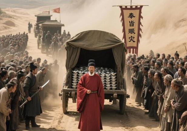 明朝天启五年冬，明朝知府带50万两救济粮赴灾区，半路被3000饥民围住，他掀开粮