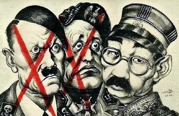 二战，美国人画了一张漫画。漫画上面画了三个人。从左到右分别是希特勒、墨索里尼与日