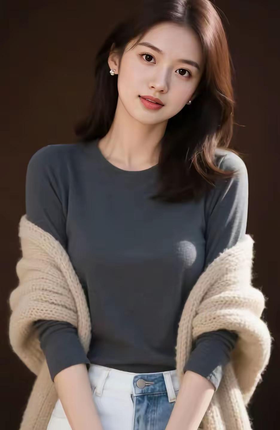 东亚年轻女生，中长微卷棕发，温柔干净妆容，深灰色修身圆领长袖打底衫，米米色软糯粗