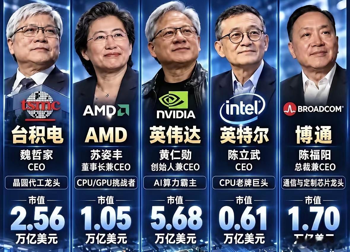 你以为统治全球半导体的都是美国人？台积电魏哲家、英伟达黄仁勋、超威苏姿丰、英特尔陈立武、博通陈福阳，