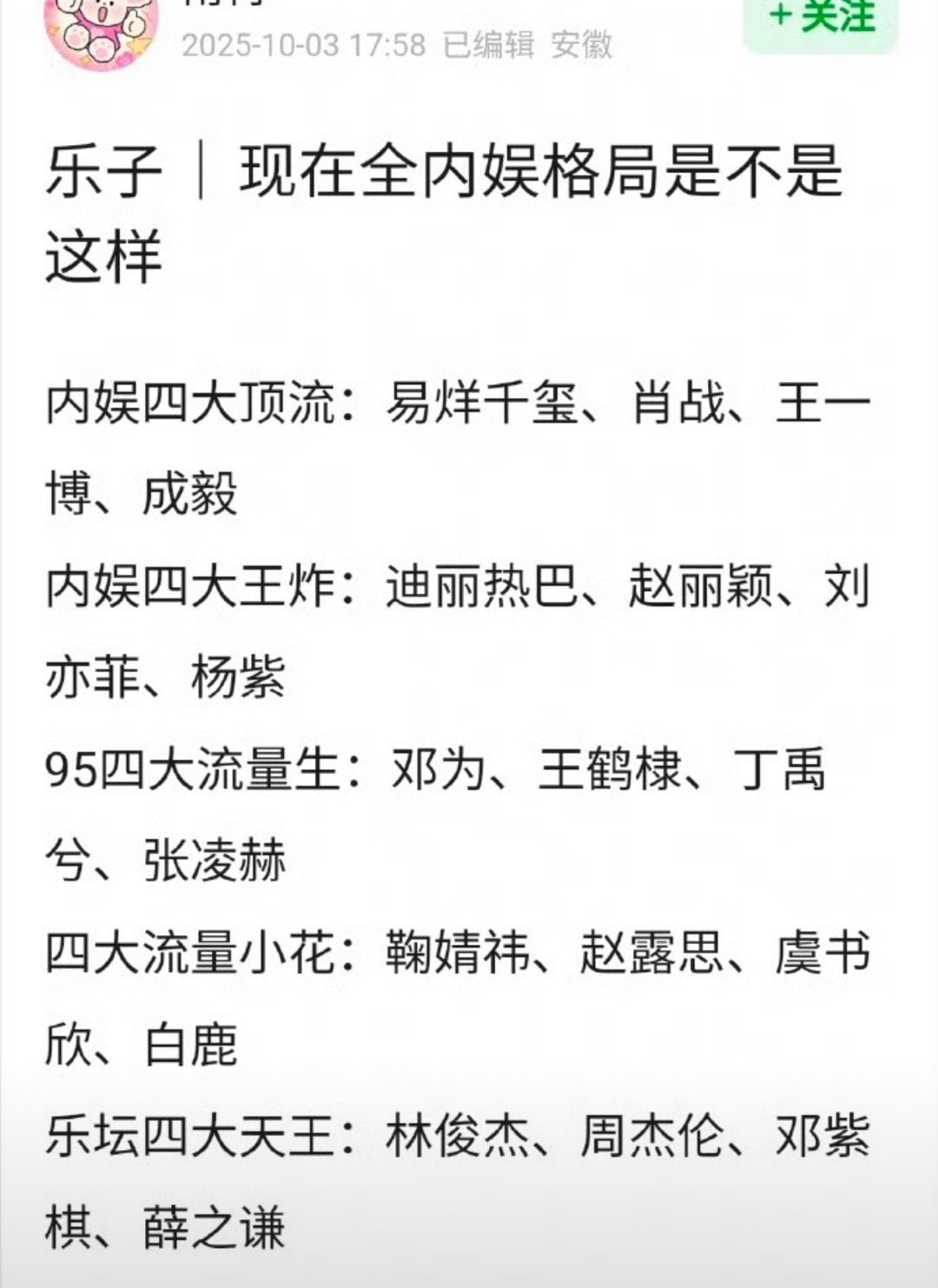 网友做的全内娱明星格局，你们怎么看？[思考]​​​