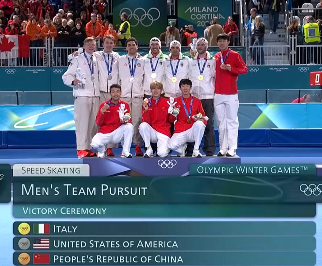冬奥会：中国队赚一枚铜牌。2月18日，中国队夺得速度滑冰男子团体追逐赛的铜牌。