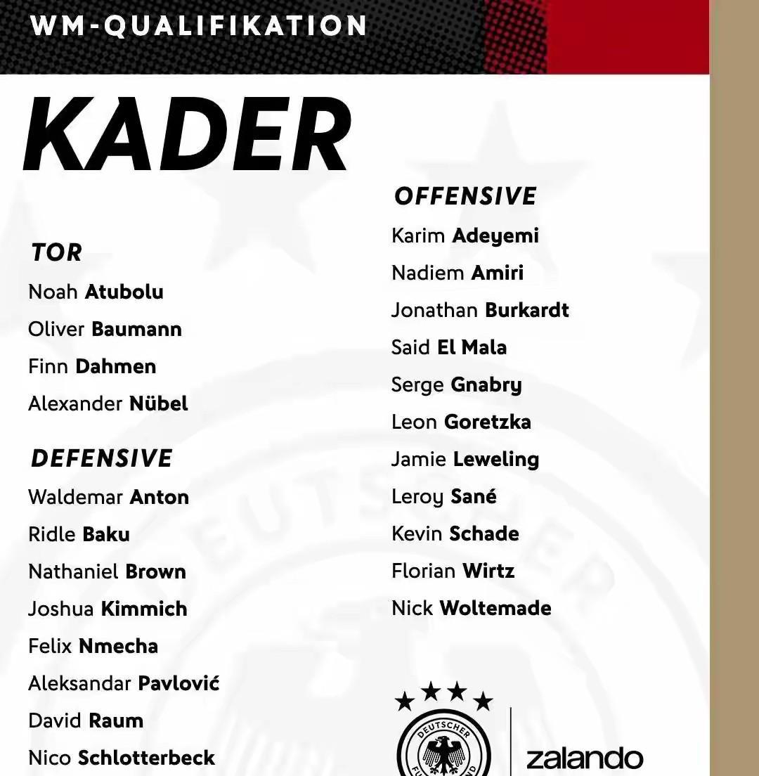 德国队公布11月份国家队比赛名单，维尔茨、基米西领衔，门将位置努贝尔应该还是首选