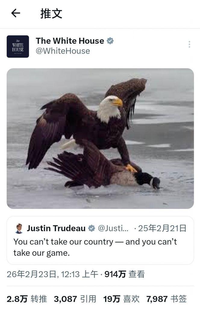 服了，白宫发文美国白头鹰活擒加拿大鹅！冬奥会冰球比赛，美国队赢了加拿大队，于