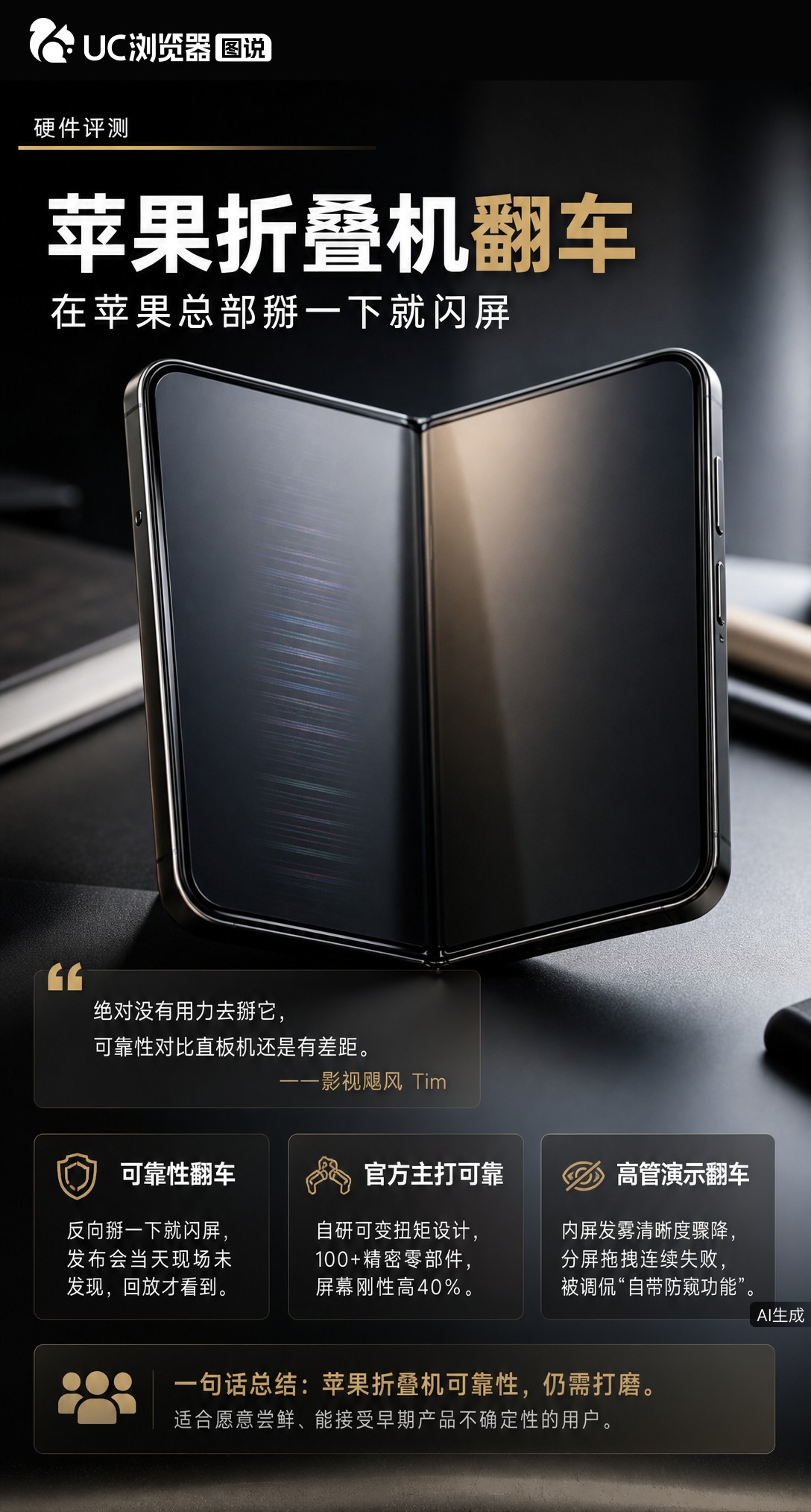 苹果折叠机iPhoneDuo刚解禁就翻车？影视飓风在总部轻掰一下外屏就闪屏，CEO演示时也发雾、拖拽