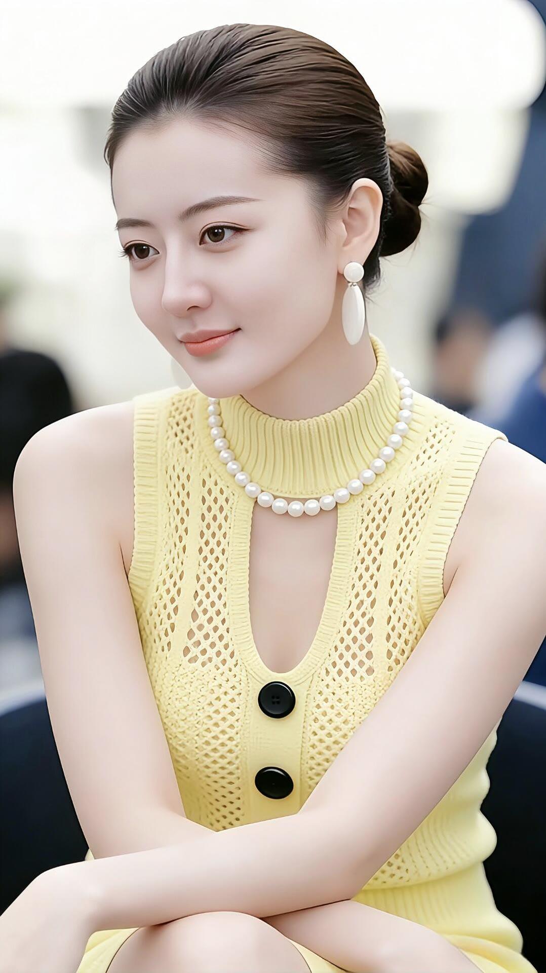 优雅气质，珍珠耳环与黄色针织裙的完美搭配，尽显时尚魅力！