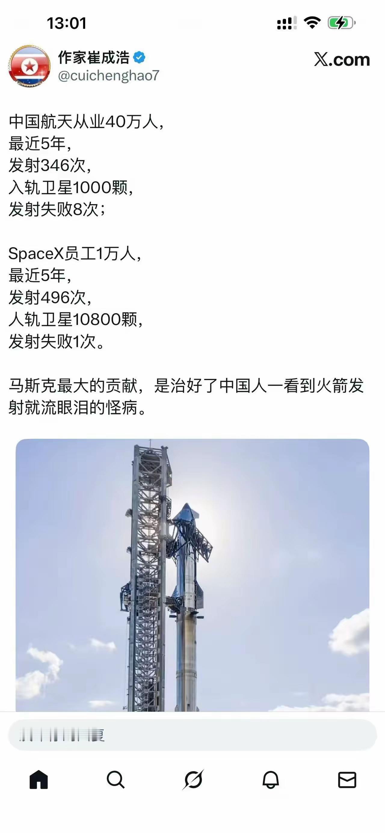 说一组关于火箭发射的数据！SpaceX员工1万人,最近5年，发射496次，