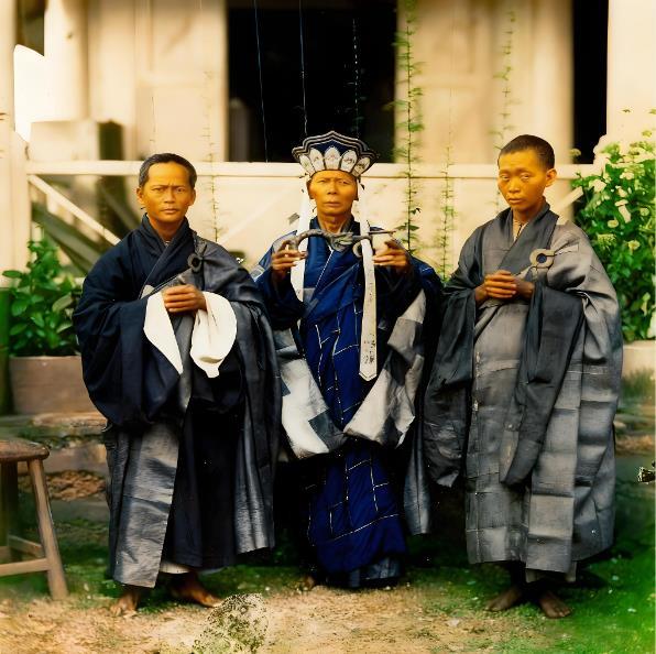 这张照片定格的是清末汉传佛教僧团的典型形象，中间僧人佩戴五佛冠，手持的法器带有龙