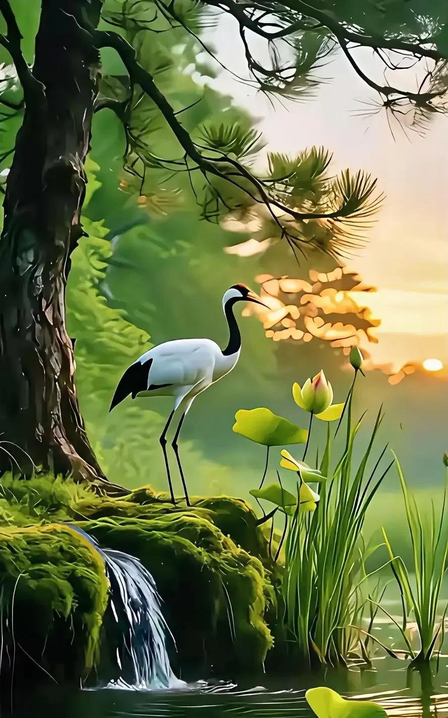 仙鹤与莲花共舞，静谧湖畔的唯美瞬间。