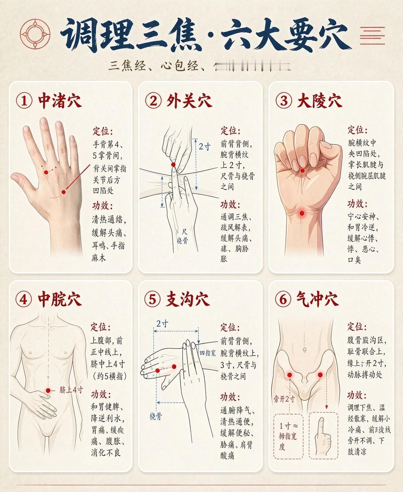 早前跟着中医老师记下过调理三焦的六个关键穴位，自己试过日常按揉，身子着实舒坦不少