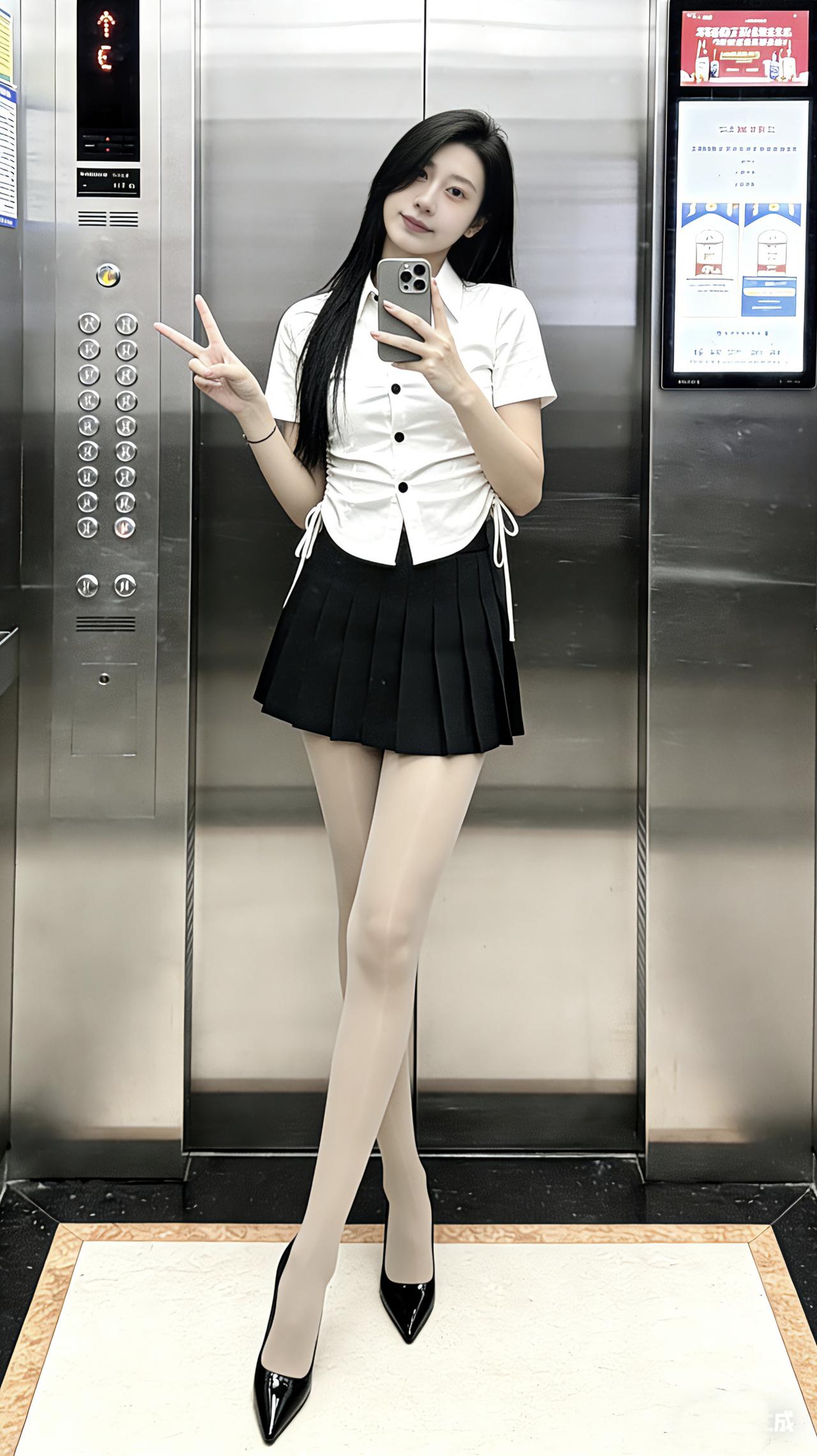 白抽绳衬衫裹着清爽的甜，黑百褶裙一摆又添了飒爽的利落～黑高跟鞋衬得脚踝纤细，这种