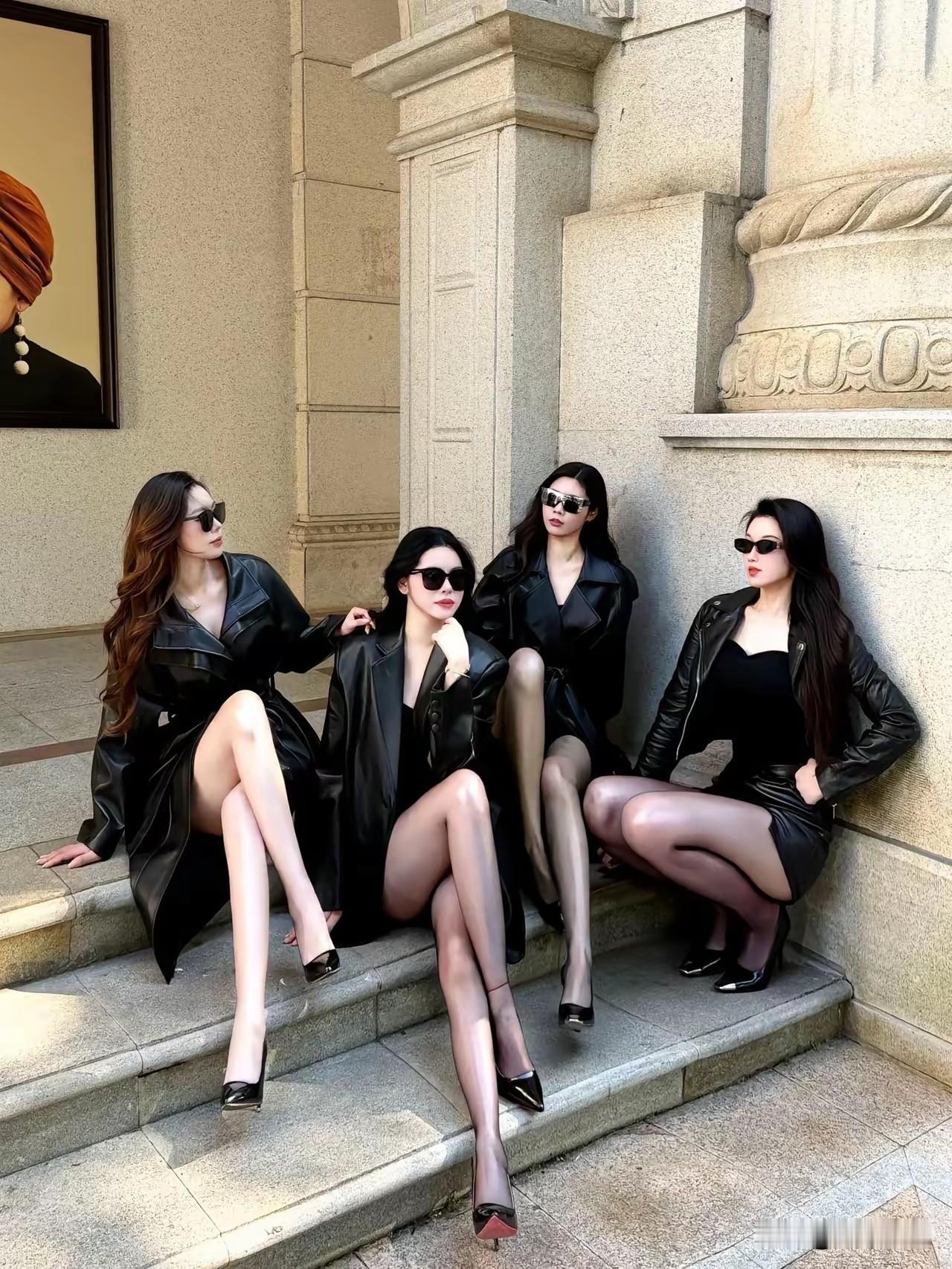 都市酷女孩，黑皮夹克，时尚街拍