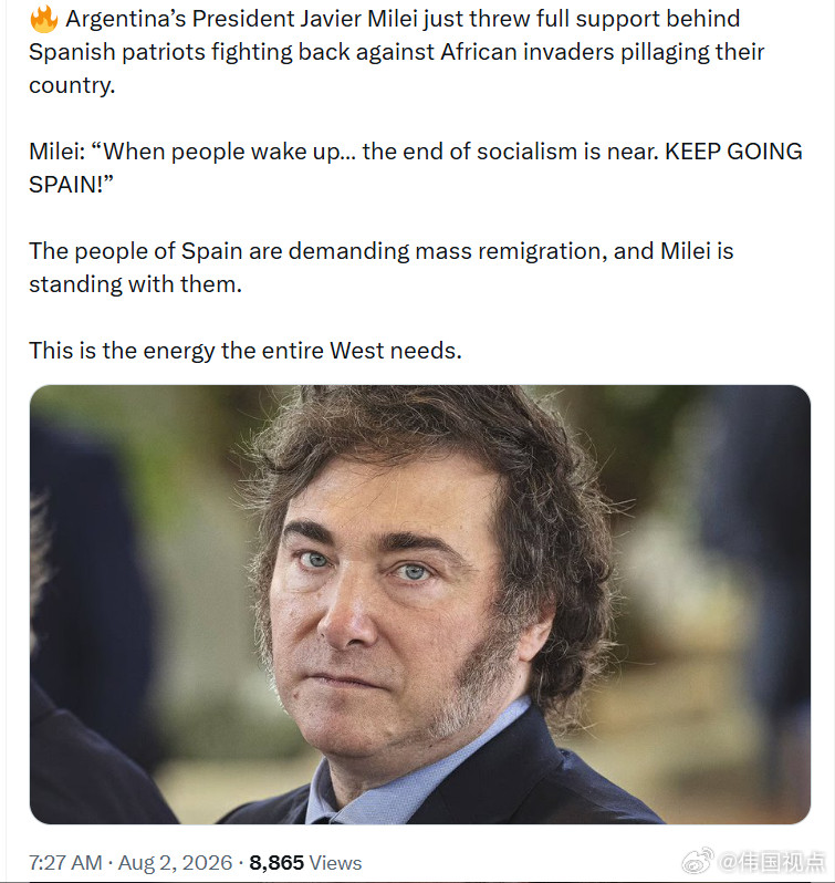 阿根廷总统哈维尔·米莱刚刚公开力挺那些正在反抗、与“掠夺西班牙的非洲入侵者”斗争