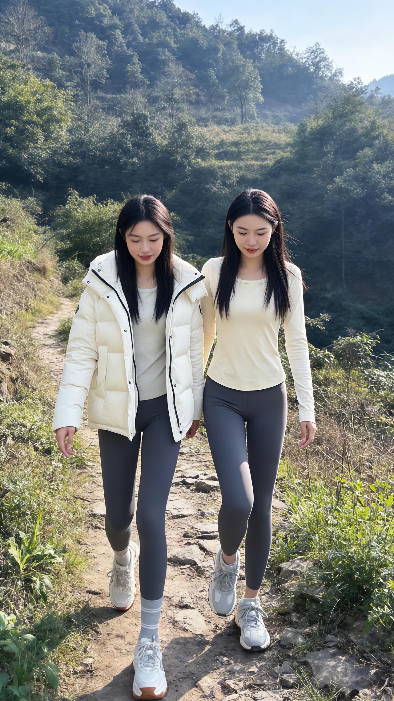 姐妹俩漫步山间小路，享受大自然的美好时光。