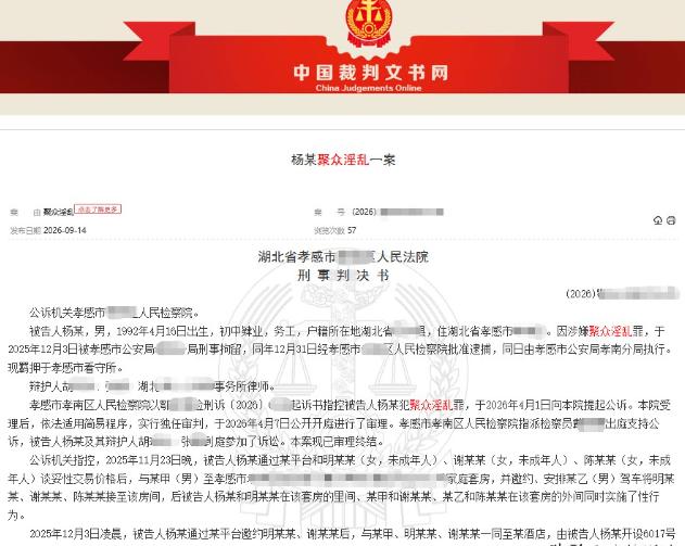 湖北孝感34岁的男子杨某，花钱约来3名未成年女孩，在酒店家庭套房里面，又叫上2名