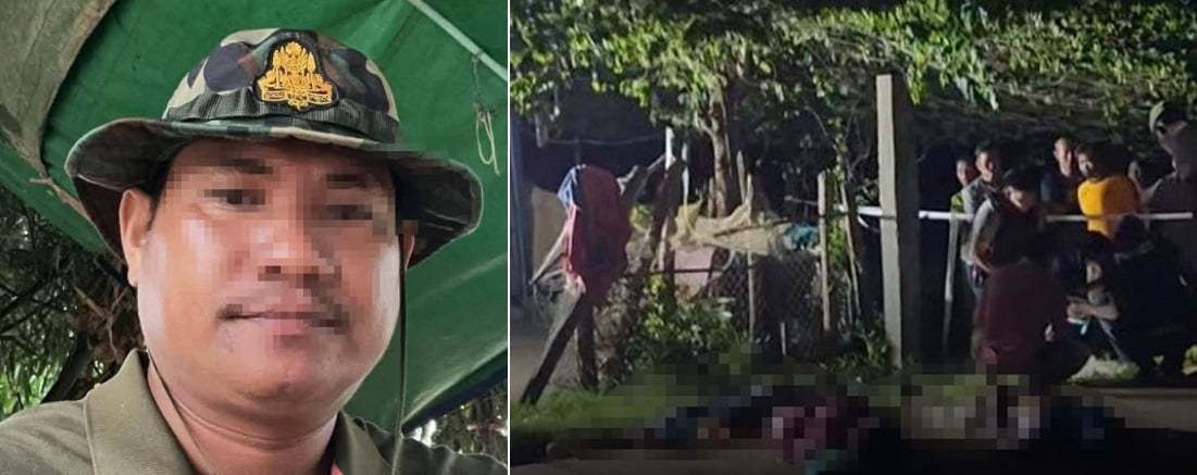 【#柬埔寨一军人为妻子出头枪杀3人#】柬埔寨数名男女烤肉聚餐时，被一只狗叼走一块