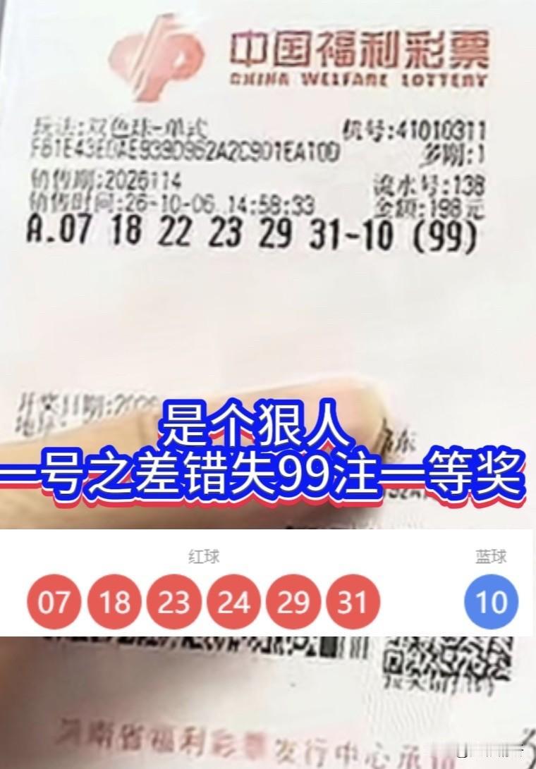 双色球26114期上演惊险一幕！河南一位彩友单挑一组号码直接倍投99倍，遗憾一号
