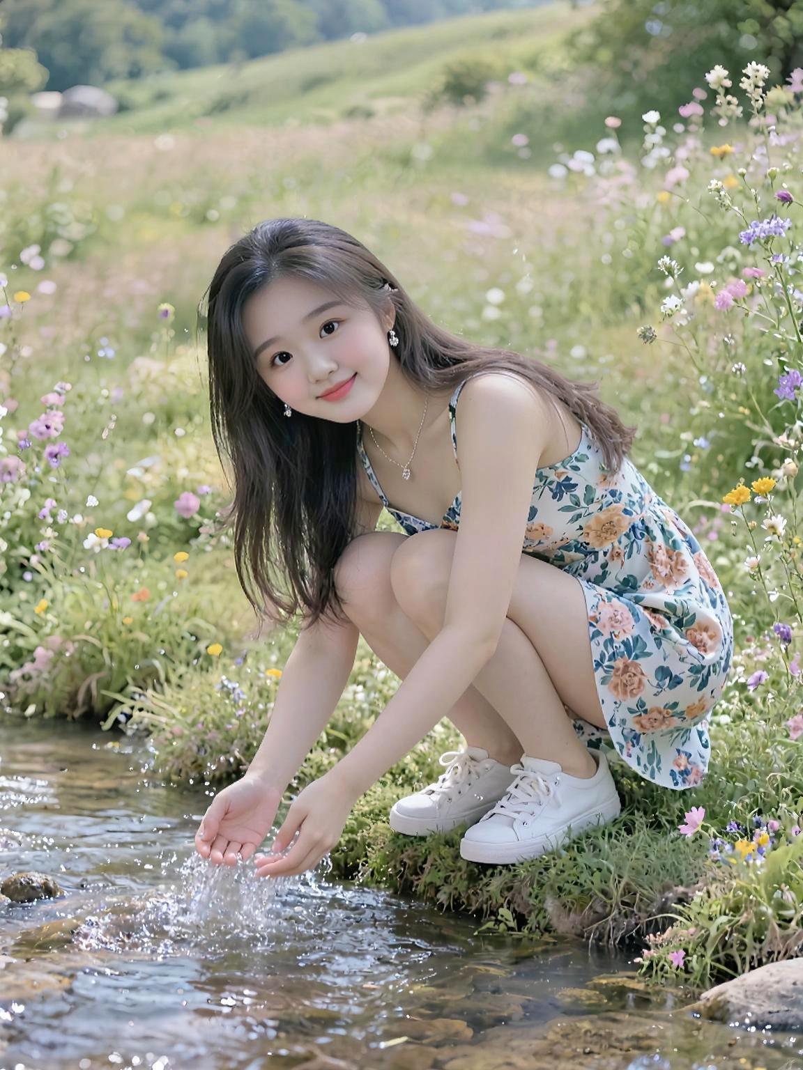 溪边小姐姐微笑女孩