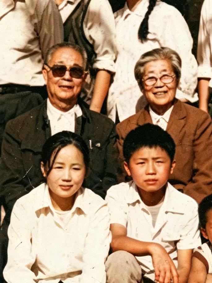 80年代，徐斌洲将军晚年，一张罕见的留影，前排是他的孙辈，后排戴墨镜老人为徐斌洲