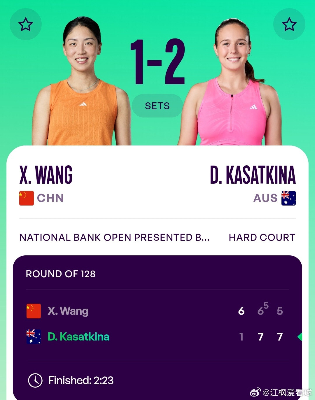 WTA1000多伦多站🇨🇦女单第1轮王欣瑜🇨🇳6-1/6-7(5)/5-