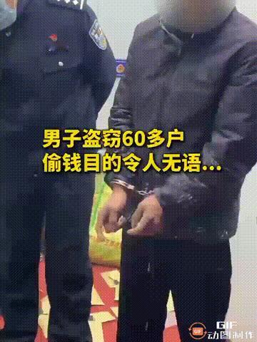 安徽六安一名男子因为偷窃了60多户家庭，很快就被民警抓获，谁料当他说出偷窃原因时