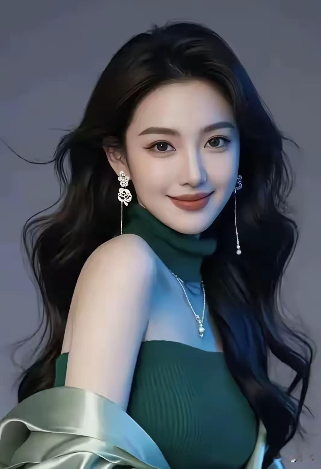 优雅绿衣美人，耳畔轻摇花饰，尽显温柔魅力。