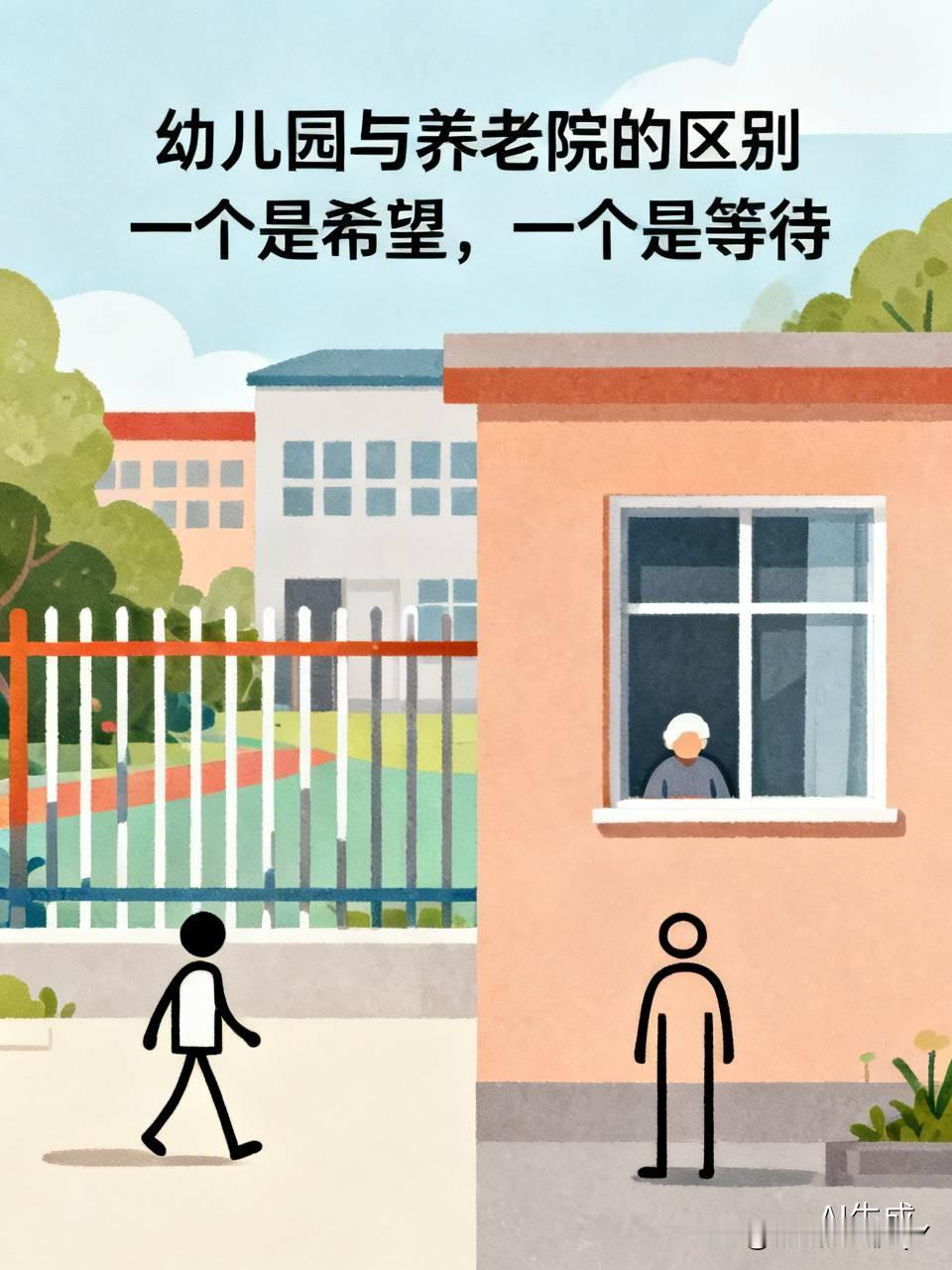 在家里一个小男孩问爸爸，爸爸爸爸，你知道幼儿园和养老院的区别吗？爸爸说知道啊