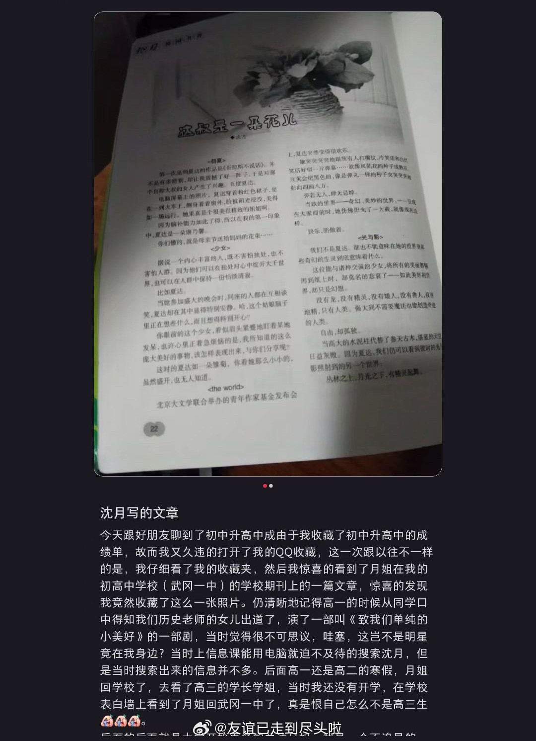 网友质疑沈月的文章抄袭，之前还立文青人设，随后沈月工作室出来否认，声明没发过这篇