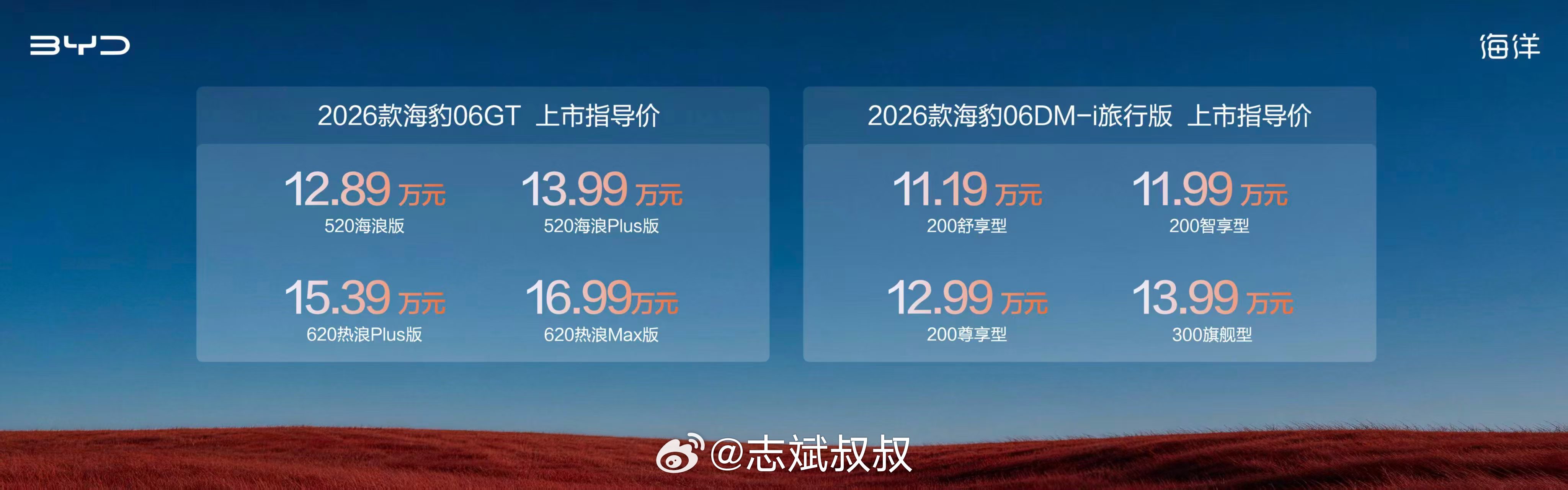 今天下午比亚迪海洋网6系双豹齐发，通通焕新上市。2026款海豹06GT，12.8