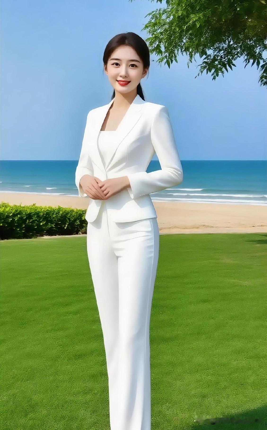 纯白西裤套装，简约利落，海天一色间，碧草如茵，尽显清新优雅的知性魅力。