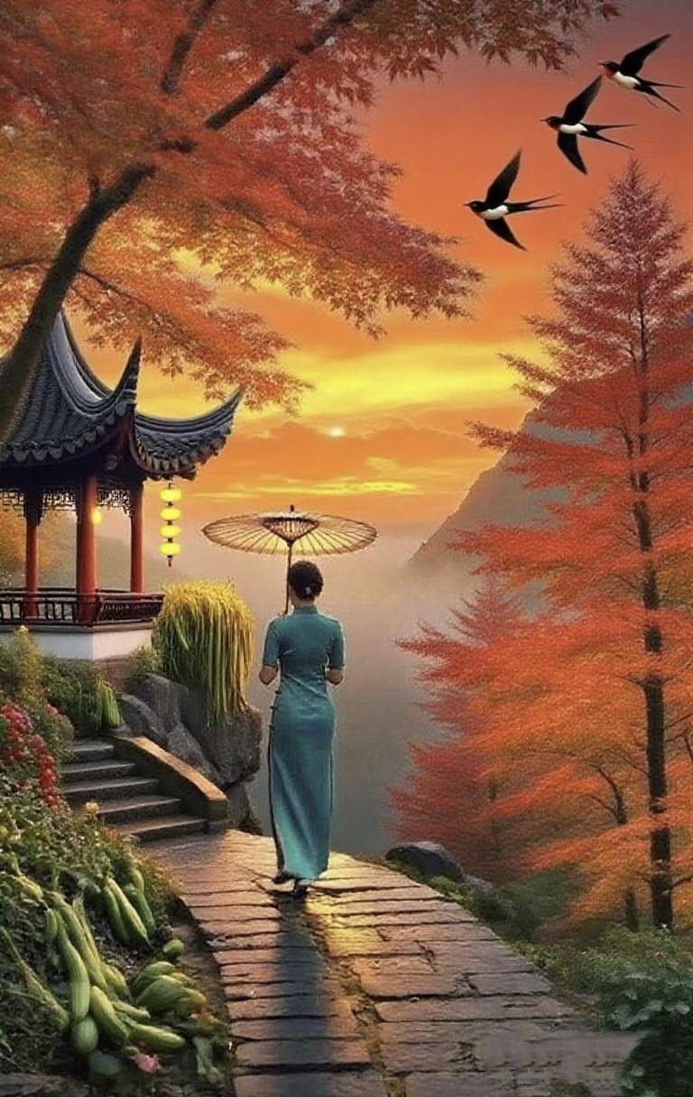 上联：秋水含情霞醉客，下联：春山着意月留人，下联：幽林藏韵鸟啼晨。