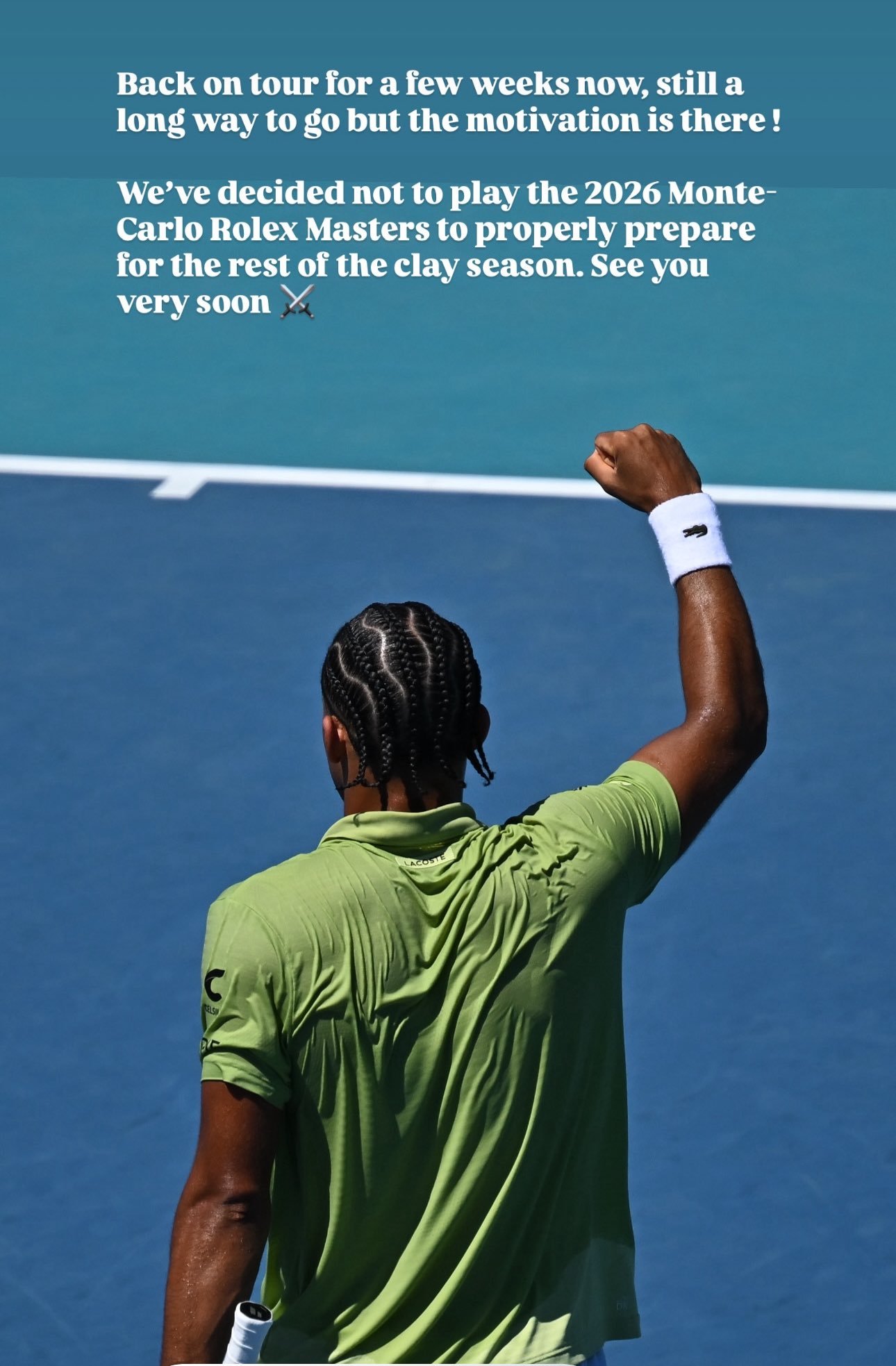 网坛风云菲斯通过ins宣布，将退出蒙特卡洛大师赛的争夺。“已经重新开始巡演几周