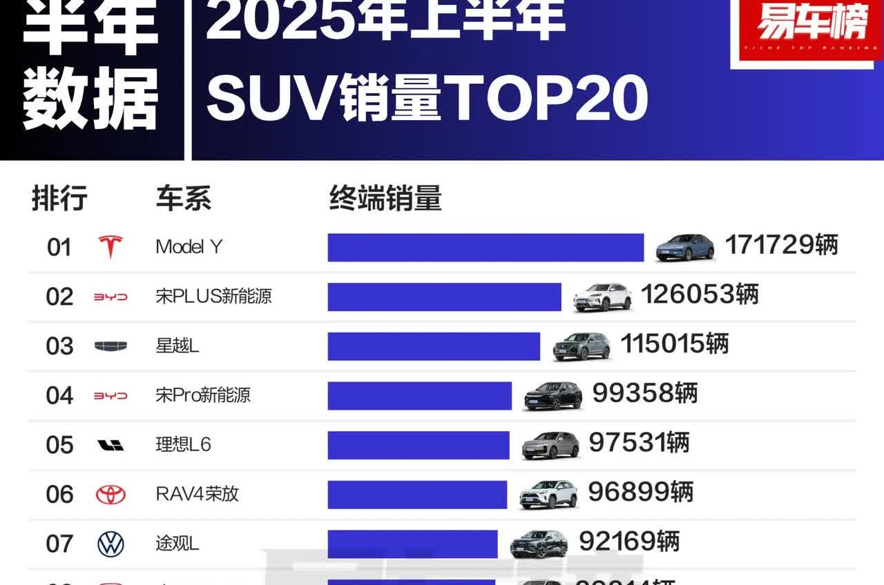 2025年上半年SUV销量前10排名。特斯拉毛豆Y以17.17万辆的规模