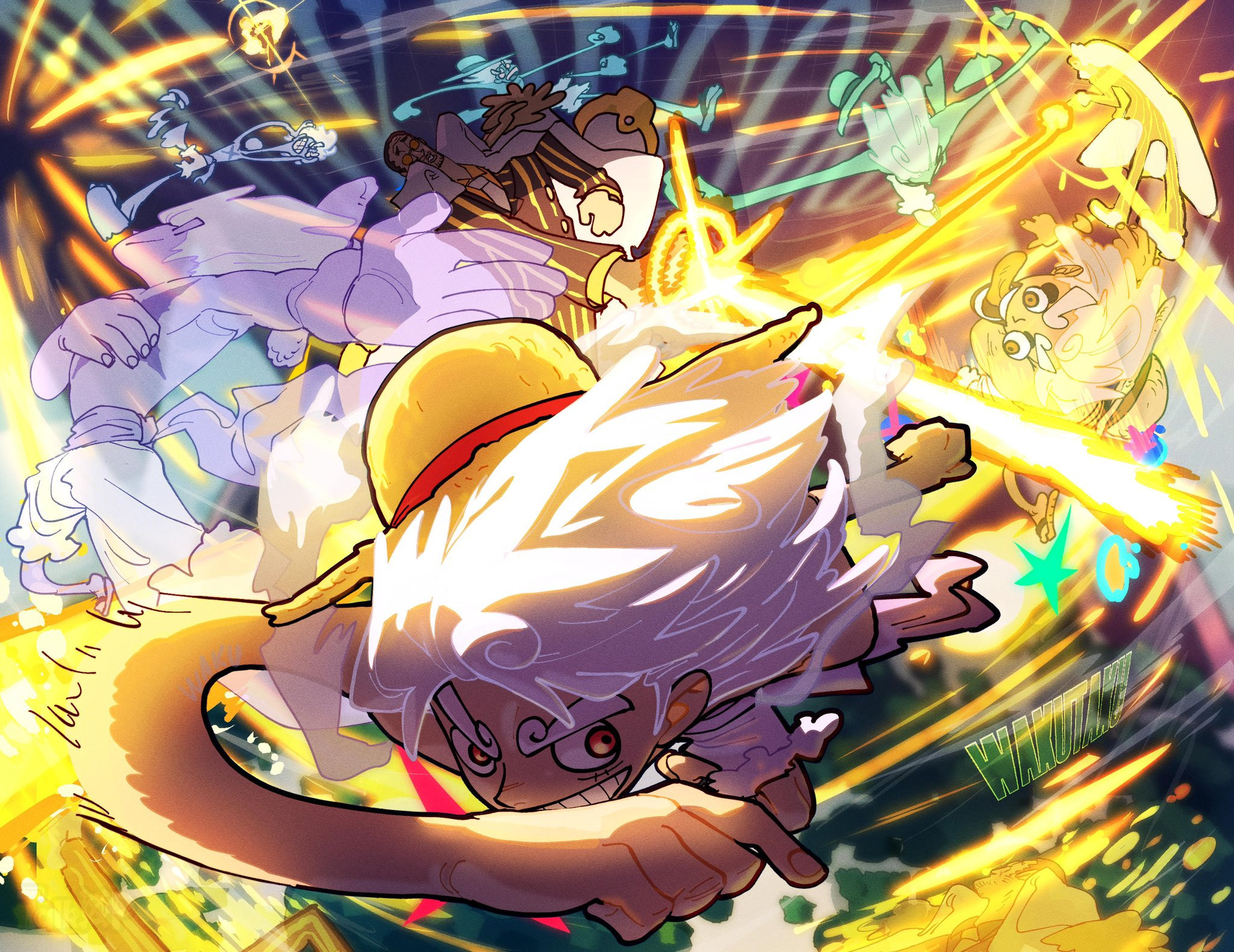 推特画师waker画作：路飞VS黄猿。出处url：aywakutakuay海贼