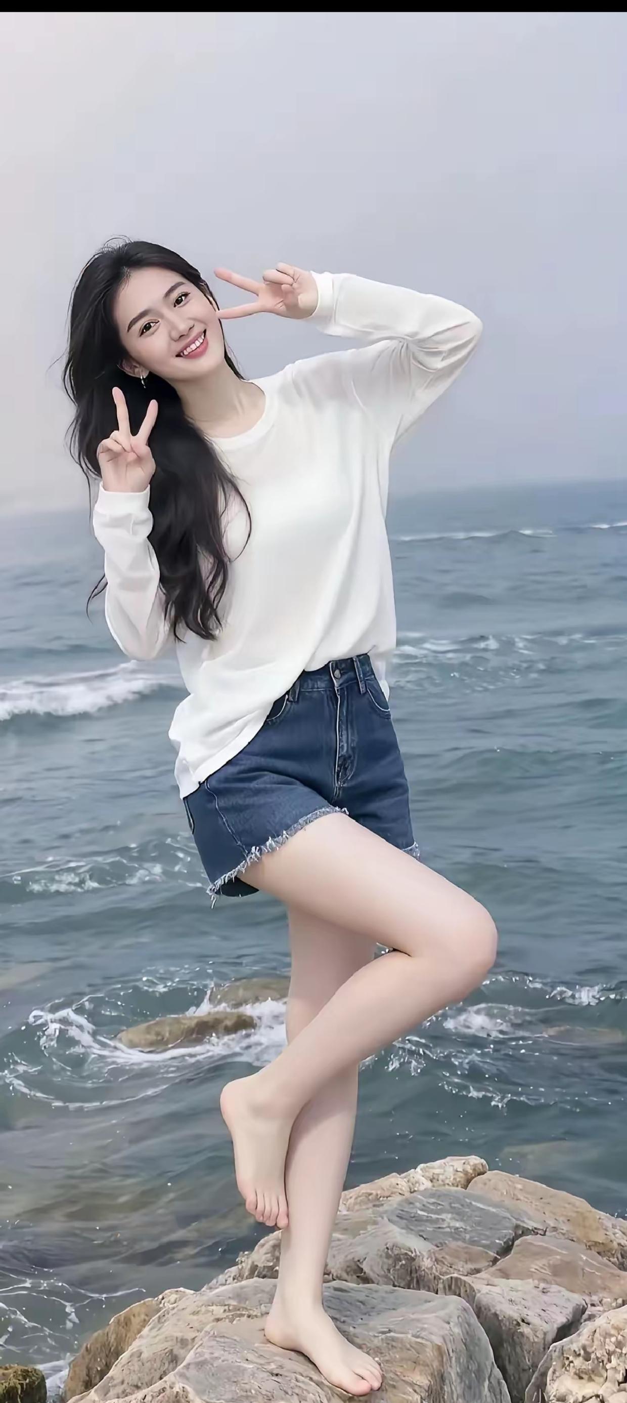 海边少女俏皮比V，阳光沙滩，快乐无限！🌊😊